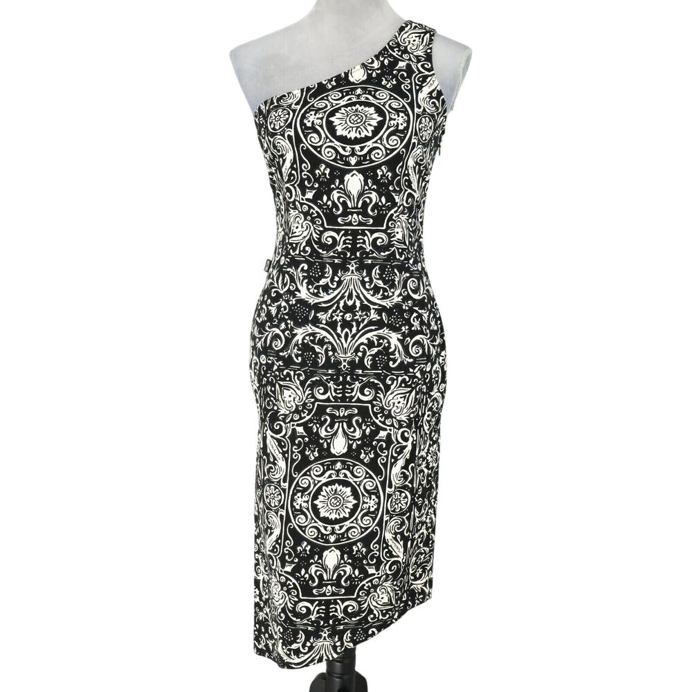 Moschino Jeans Dress Womens 6 Black White Floral One Shoulder Stretch Vintage